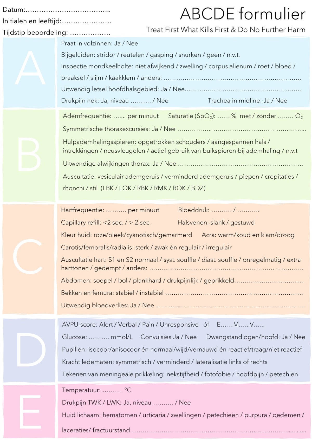 ABCDE Notitieblok A6 | beoordeling van de acuut zieke of traumapatiënt | Voor Coassistenten, Verpleegkundigen en Artsen