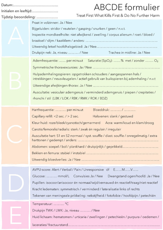 ABCDE Notitieblok A6 | beoordeling van de acuut zieke of traumapatiënt | Voor Coassistenten, Verpleegkundigen en Artsen